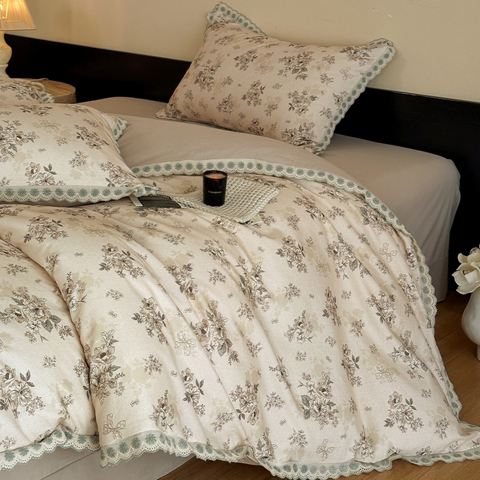 91家纺网 家纺一手货源 找家纺 帛美家纺 2025年新款全棉纯棉花边印花磨毛四件套 蕾雅