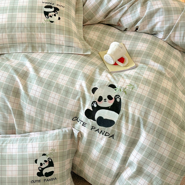 91家纺网 家纺一手货源 找家纺 帛美家纺 2025年新款全棉纯棉加厚绣花款磨毛四件套-萌小猫系列 萌小猫（绿格）