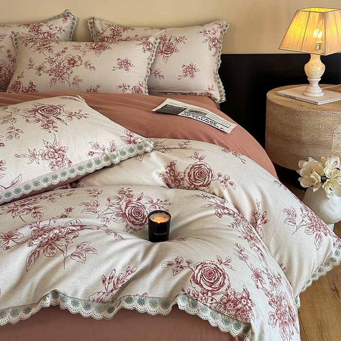 帛美家纺 2025年新款全棉纯棉花边印花磨毛四件套 秘密花园-红