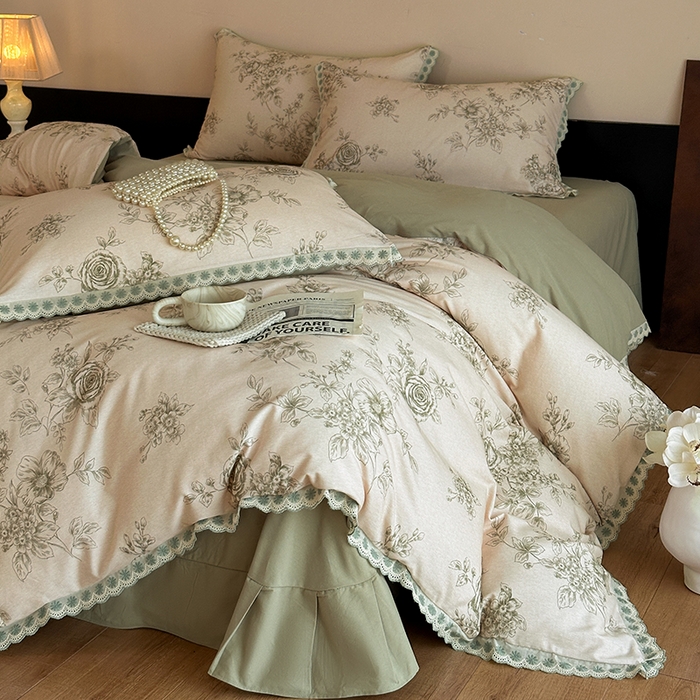 91家纺网 家纺一手货源 找家纺 帛美家纺 2025年新款全棉纯棉花边印花磨毛四件套 秘密花园-绿