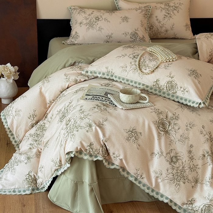 91家纺网 家纺一手货源 找家纺 帛美家纺 2025年新款全棉纯棉花边印花磨毛四件套 秘密花园-绿