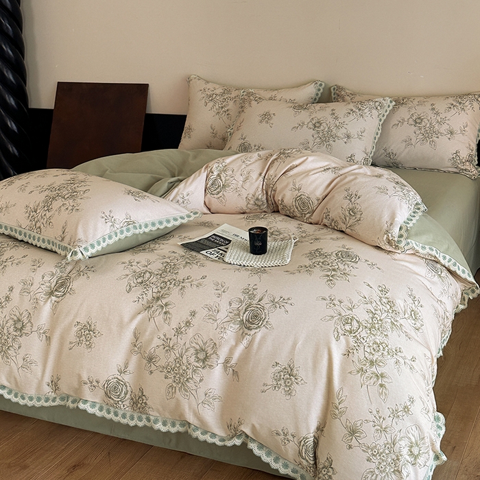 91家纺网 家纺一手货源 找家纺 帛美家纺 2025年新款全棉纯棉花边印花磨毛四件套 秘密花园-绿