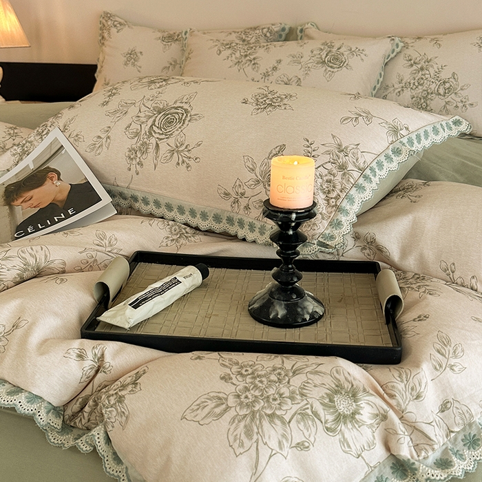 91家纺网 家纺一手货源 找家纺 帛美家纺 2025年新款全棉纯棉花边印花磨毛四件套 秘密花园-绿