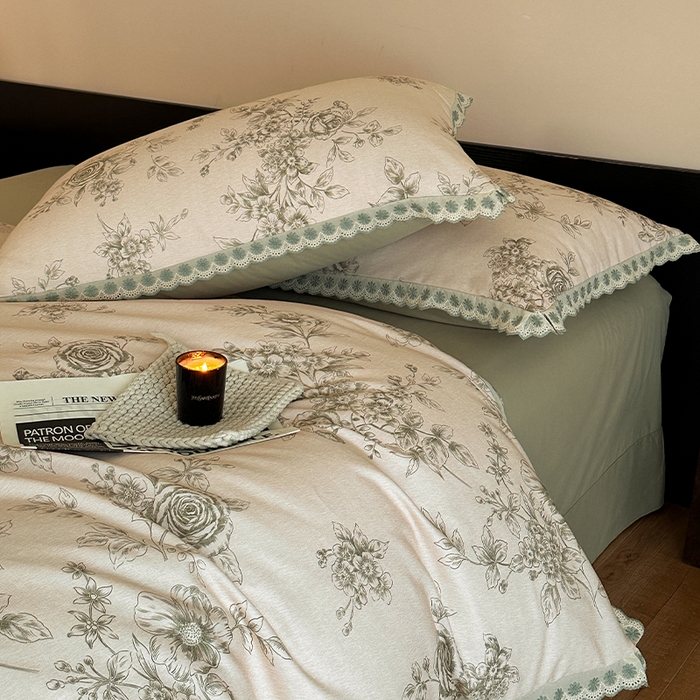 91家纺网 家纺一手货源 找家纺 帛美家纺 2025年新款全棉纯棉花边印花磨毛四件套 秘密花园-绿