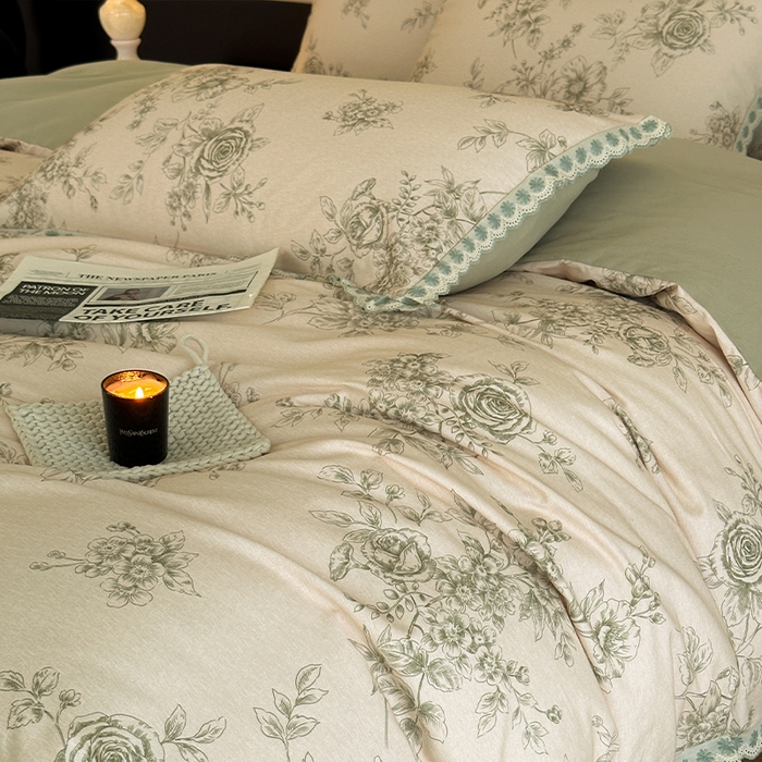 91家纺网 家纺一手货源 找家纺 帛美家纺 2025年新款全棉纯棉花边印花磨毛四件套 秘密花园-绿