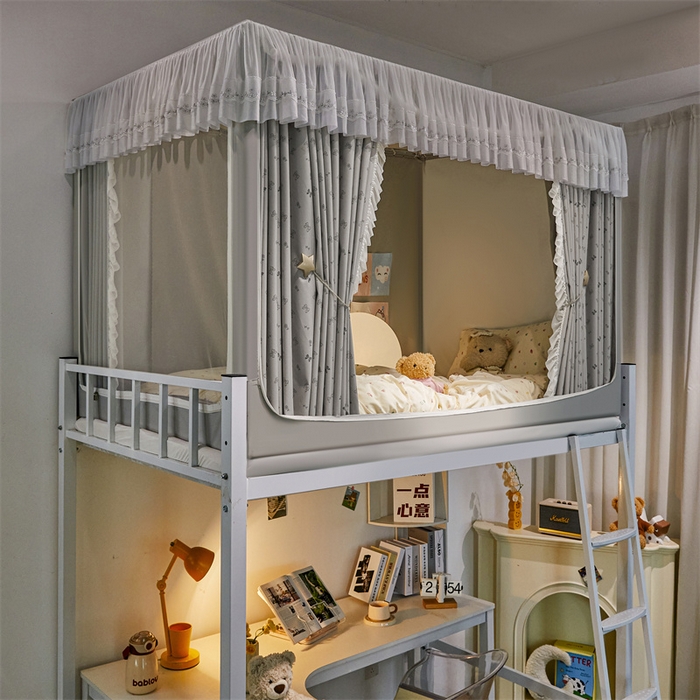 91家纺网 家纺一手货源 找家纺 梦尔佳蚊帐2025新款学生宿舍遮光床帘蚊帐 甜结梦语灰