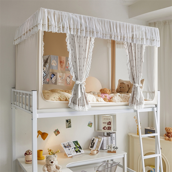 91家纺网 家纺一手货源 找家纺 梦尔佳蚊帐2025新款学生宿舍遮光床帘蚊帐 甜结梦语奶白