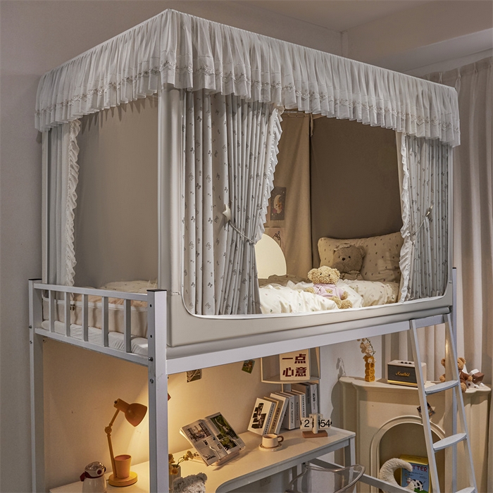 91家纺网 家纺一手货源 找家纺 梦尔佳蚊帐2025新款学生宿舍遮光床帘蚊帐 甜结梦语奶白