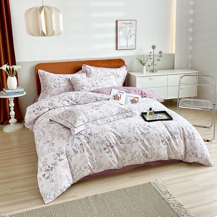 91家纺网 家纺一手货源 找家纺 启航家居 2025全棉小版印花精梳磨毛四件套 花藤粉