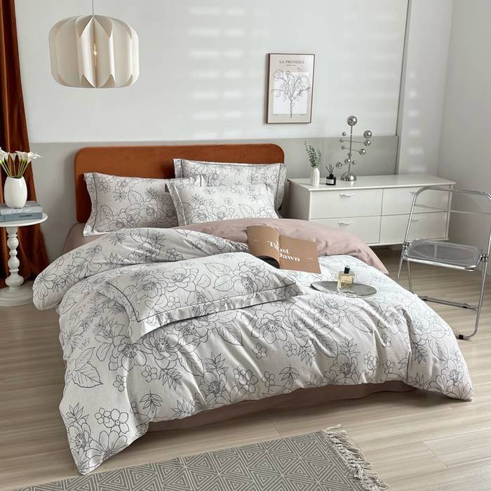 91家纺网 家纺一手货源 找家纺 启航家居 2025全棉小版印花精梳磨毛四件套 茉娜