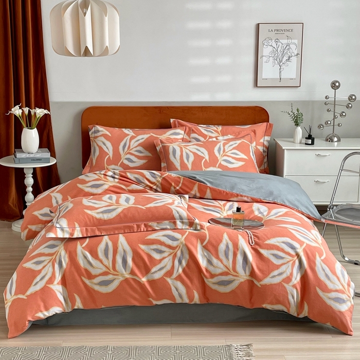 启航家居 2025全棉小版印花精梳磨毛四件套 墨叶香桔