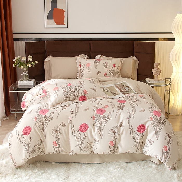 91家纺网 家纺一手货源 找家纺 启航家居 2025全棉小版印花精梳磨毛四件套 娜西-粉