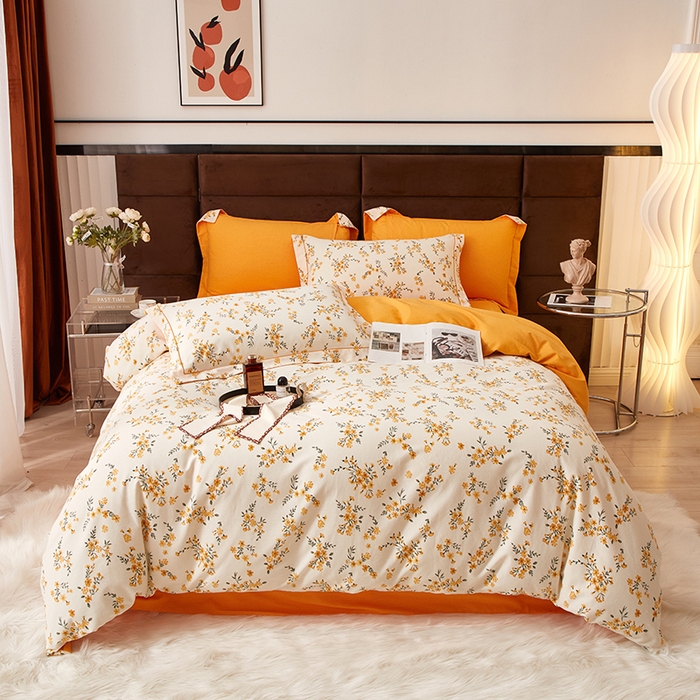 启航家居 2025全棉小版印花精梳磨毛四件套 莎莉桔