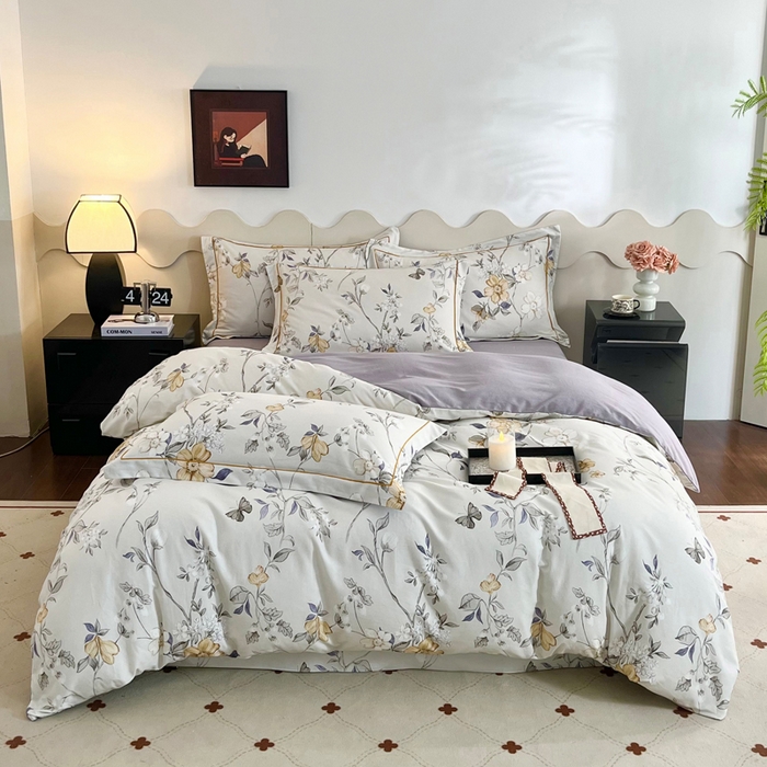 启航家居 2025全棉小版印花精梳磨毛四件套 硕朵灰