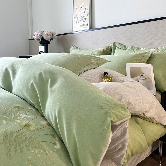 帛美家纺 2025年新款加厚纯棉全棉磨毛印花四件套 朝颜-绿