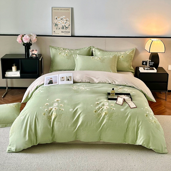 91家纺网 家纺一手货源 找家纺 帛美家纺 2025年新款加厚纯棉全棉磨毛印花四件套 朝颜-绿