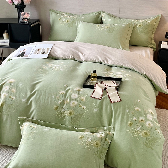 91家纺网 家纺一手货源 找家纺 帛美家纺 2025年新款加厚纯棉全棉磨毛印花四件套 朝颜-绿