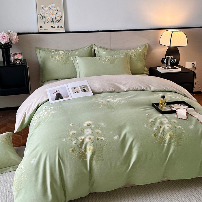 91家纺网 家纺一手货源 找家纺 帛美家纺 2025年新款加厚纯棉全棉磨毛印花四件套 朝颜-绿