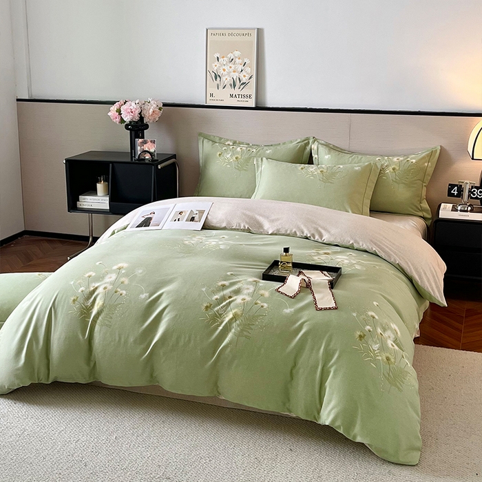 91家纺网 家纺一手货源 找家纺 帛美家纺 2025年新款加厚纯棉全棉磨毛印花四件套 朝颜-绿