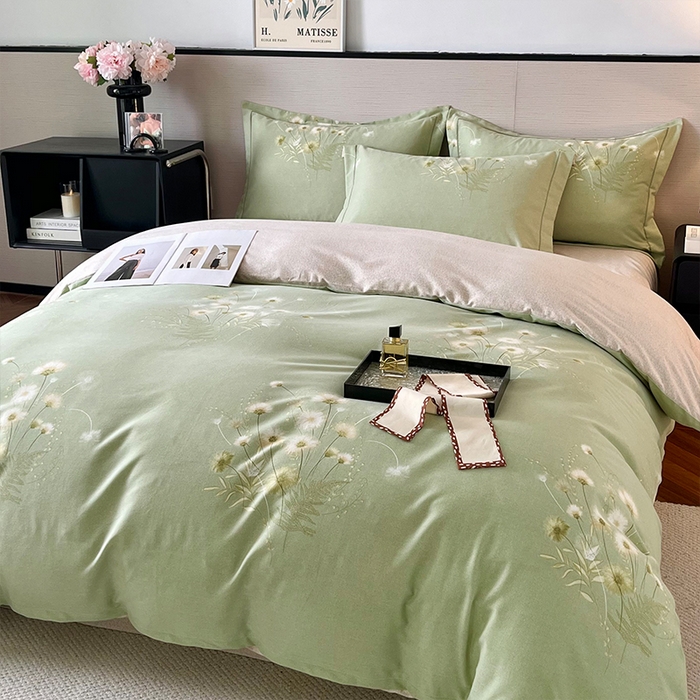 91家纺网 家纺一手货源 找家纺 帛美家纺 2025年新款加厚纯棉全棉磨毛印花四件套 朝颜-绿