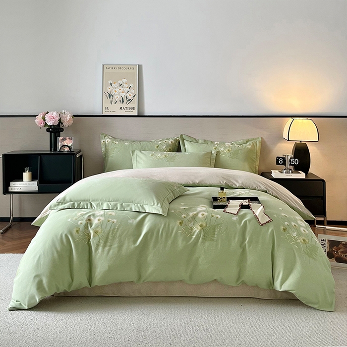 91家纺网 家纺一手货源 找家纺 帛美家纺 2025年新款加厚纯棉全棉磨毛印花四件套 朝颜-绿