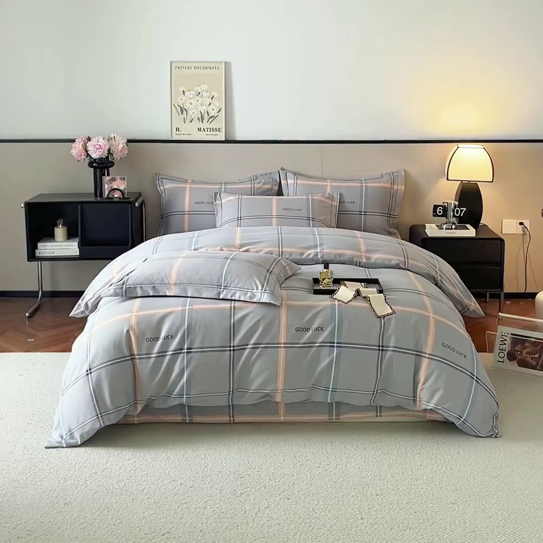 91家纺网 家纺一手货源 找家纺 帛美家纺 2025年新款加厚纯棉全棉磨毛印花四件套 法兰克-灰