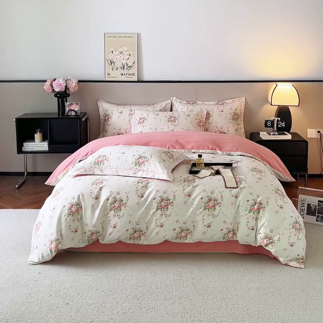 91家纺网 家纺一手货源 找家纺 帛美家纺 2025年新款加厚纯棉全棉磨毛印花四件套 繁花似锦米