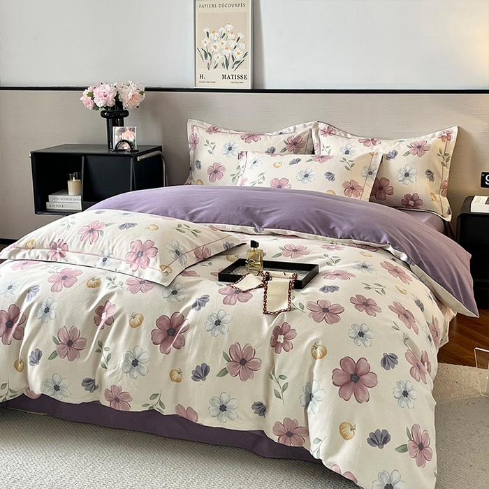 91家纺网 家纺一手货源 找家纺 帛美家纺 2025年新款加厚纯棉全棉磨毛印花四件套 好春光-紫