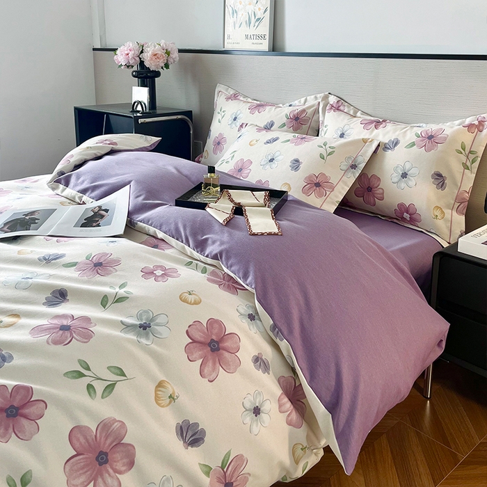 91家纺网 家纺一手货源 找家纺 帛美家纺 2025年新款加厚纯棉全棉磨毛印花四件套 好春光-紫