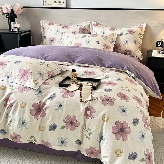 91家纺网 家纺一手货源 找家纺 帛美家纺 2025年新款加厚纯棉全棉磨毛印花四件套 好春光-紫