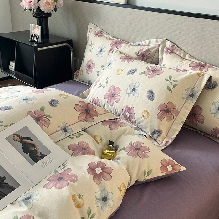 91家纺网 家纺一手货源 找家纺 帛美家纺 2025年新款加厚纯棉全棉磨毛印花四件套 好春光-紫