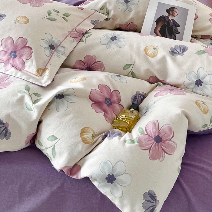 91家纺网 家纺一手货源 找家纺 帛美家纺 2025年新款加厚纯棉全棉磨毛印花四件套 好春光-紫