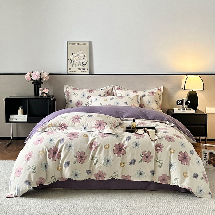 91家纺网 家纺一手货源 找家纺 帛美家纺 2025年新款加厚纯棉全棉磨毛印花四件套 好春光-紫