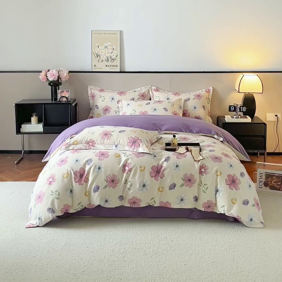91家纺网 家纺一手货源 找家纺 帛美家纺 2025年新款加厚纯棉全棉磨毛印花四件套 好春光-紫