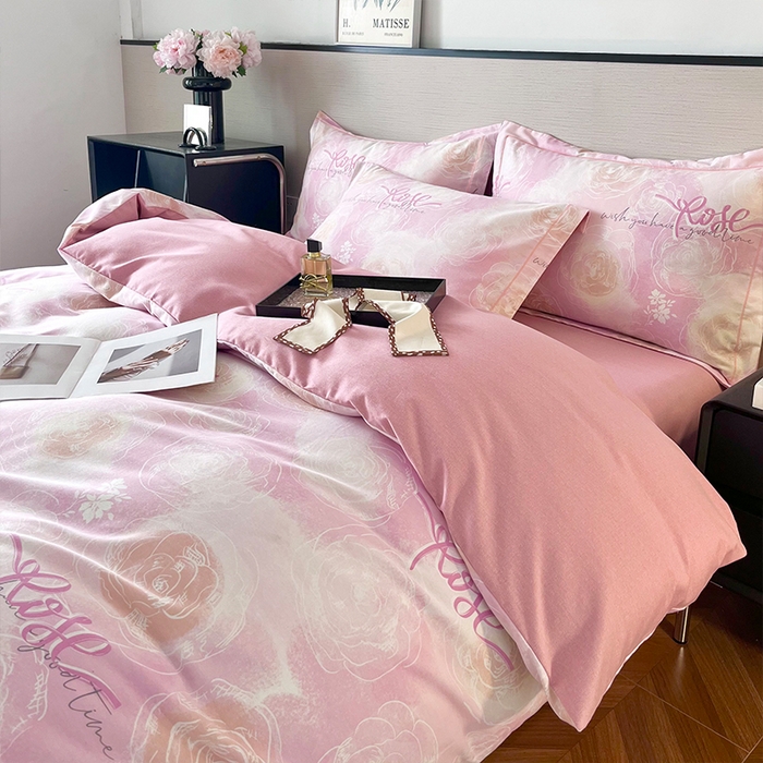 91家纺网 家纺一手货源 找家纺 帛美家纺 2025年新款加厚纯棉全棉磨毛印花四件套 花香满园-粉