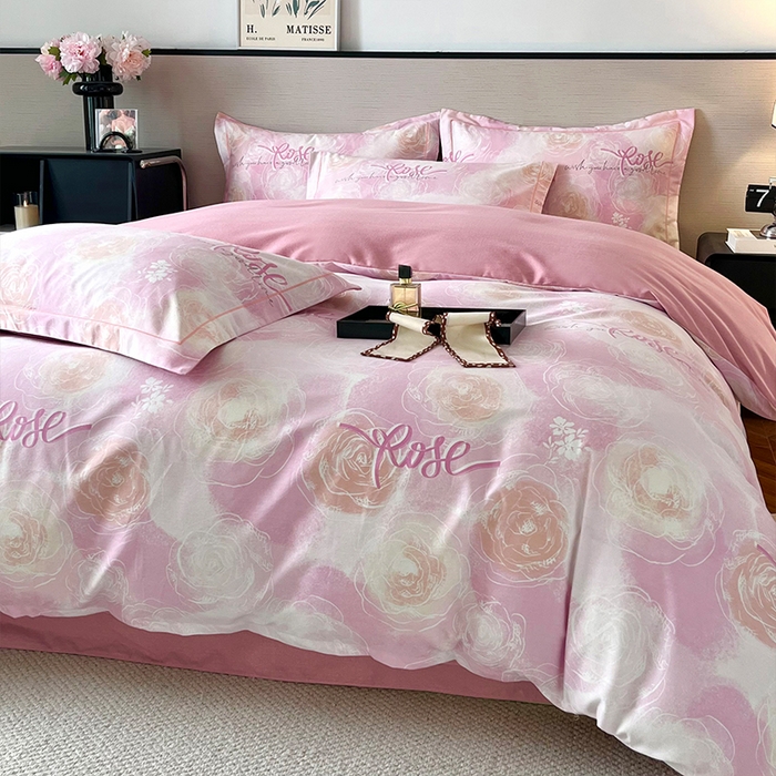 91家纺网 家纺一手货源 找家纺 帛美家纺 2025年新款加厚纯棉全棉磨毛印花四件套 花香满园-粉