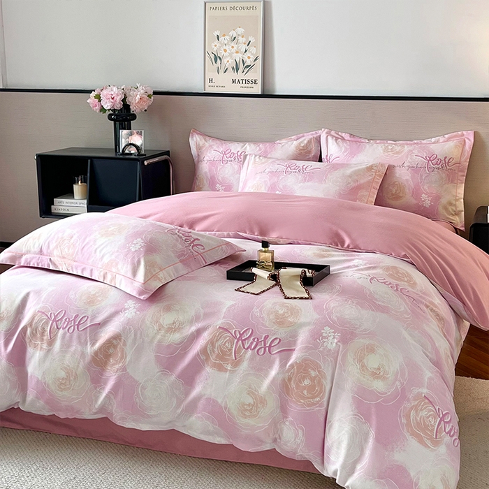 91家纺网 家纺一手货源 找家纺 帛美家纺 2025年新款加厚纯棉全棉磨毛印花四件套 花香满园-粉