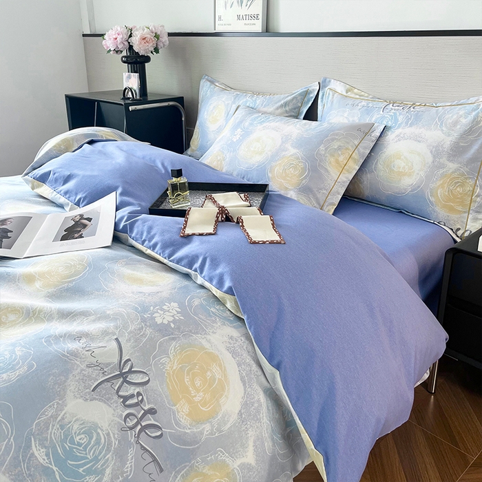 91家纺网 家纺一手货源 找家纺 帛美家纺 2025年新款加厚纯棉全棉磨毛印花四件套 花香满园-蓝