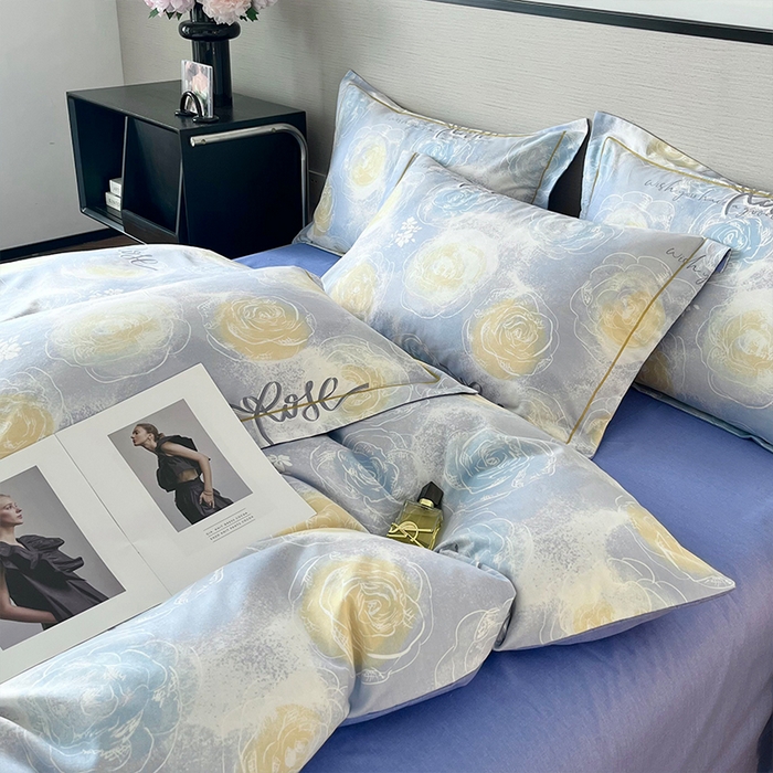 91家纺网 家纺一手货源 找家纺 帛美家纺 2025年新款加厚纯棉全棉磨毛印花四件套 花香满园-蓝