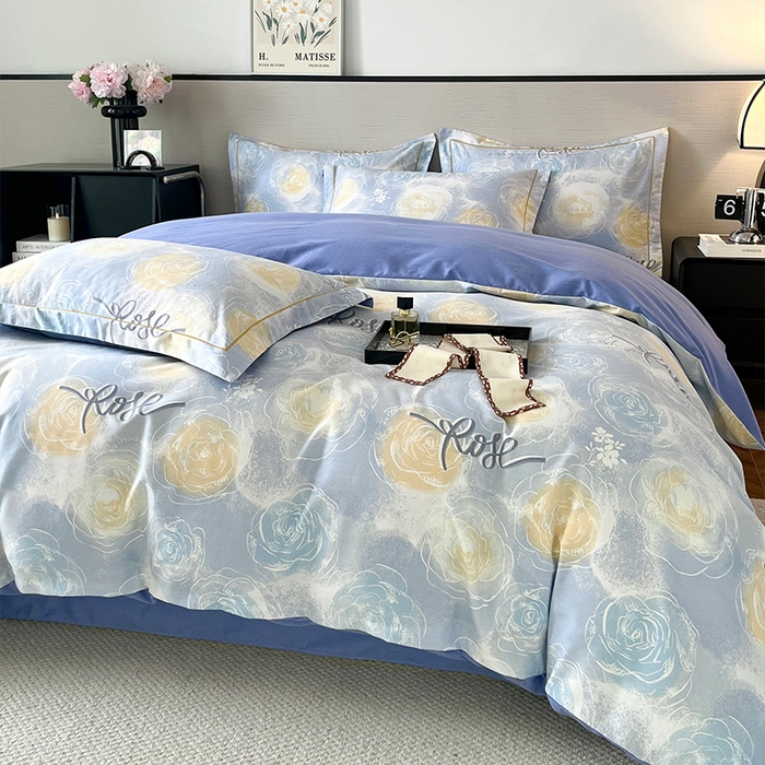 91家纺网 家纺一手货源 找家纺 帛美家纺 2025年新款加厚纯棉全棉磨毛印花四件套 花香满园-蓝