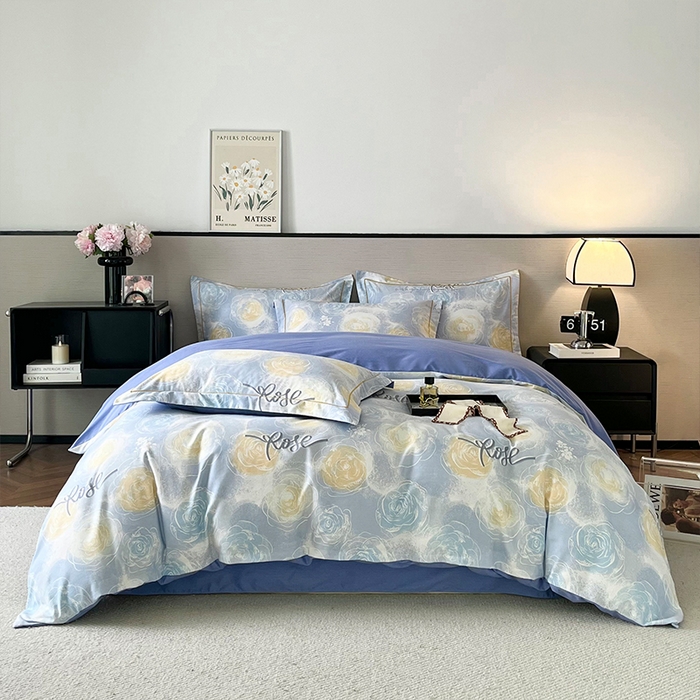 91家纺网 家纺一手货源 找家纺 帛美家纺 2025年新款加厚纯棉全棉磨毛印花四件套 花香满园-蓝