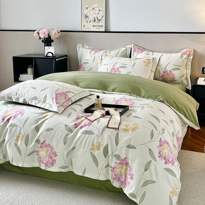 91家纺网 家纺一手货源 找家纺 帛美家纺 2025年新款加厚纯棉全棉磨毛印花四件套 花月令-米