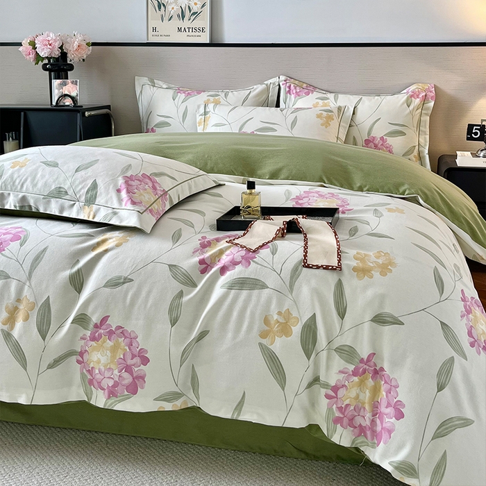 91家纺网 家纺一手货源 找家纺 帛美家纺 2025年新款加厚纯棉全棉磨毛印花四件套 花月令-米