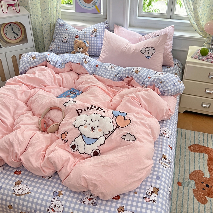 91家纺网 家纺一手货源 找家纺 优尚佳生活馆 2025新款水洗棉印花贴布绣四件套【提供买家秀】 粉糯小狗窝