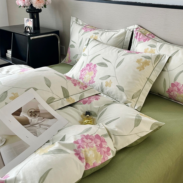 91家纺网 家纺一手货源 找家纺 帛美家纺 2025年新款加厚纯棉全棉磨毛印花四件套 花月令-米