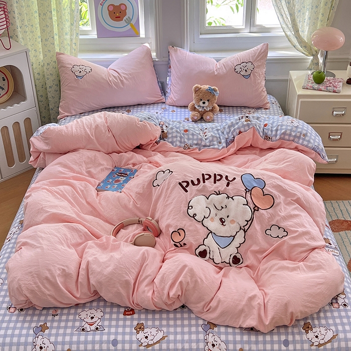 91家纺网 家纺一手货源 找家纺 优尚佳生活馆 2025新款水洗棉印花贴布绣四件套【提供买家秀】 粉糯小狗窝