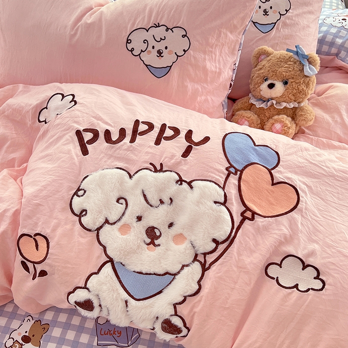 91家纺网 家纺一手货源 找家纺 优尚佳生活馆 2025新款水洗棉印花贴布绣四件套【提供买家秀】 粉糯小狗窝