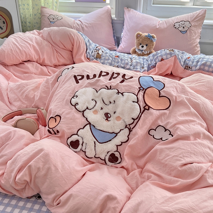 91家纺网 家纺一手货源 找家纺 优尚佳生活馆 2025新款水洗棉印花贴布绣四件套【提供买家秀】 粉糯小狗窝