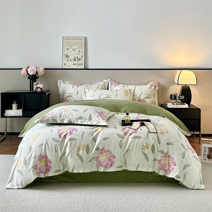 91家纺网 家纺一手货源 找家纺 帛美家纺 2025年新款加厚纯棉全棉磨毛印花四件套 花月令-米