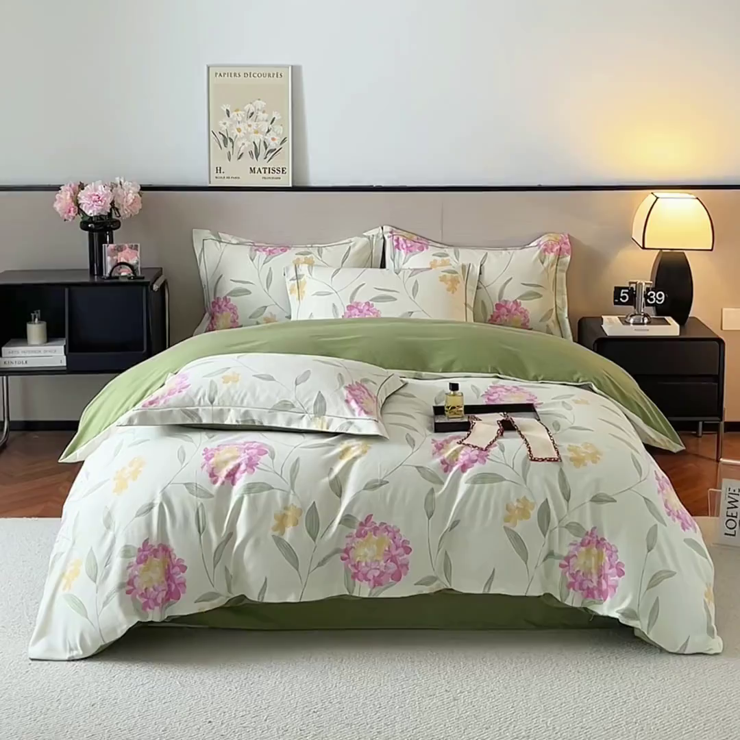 91家纺网 家纺一手货源 找家纺 帛美家纺 2025年新款加厚纯棉全棉磨毛印花四件套 花月令-米